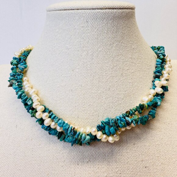 Turquoise and Pearl Twist Necklace Natural Elegant Southwest Coastal - Picture 1 of 9